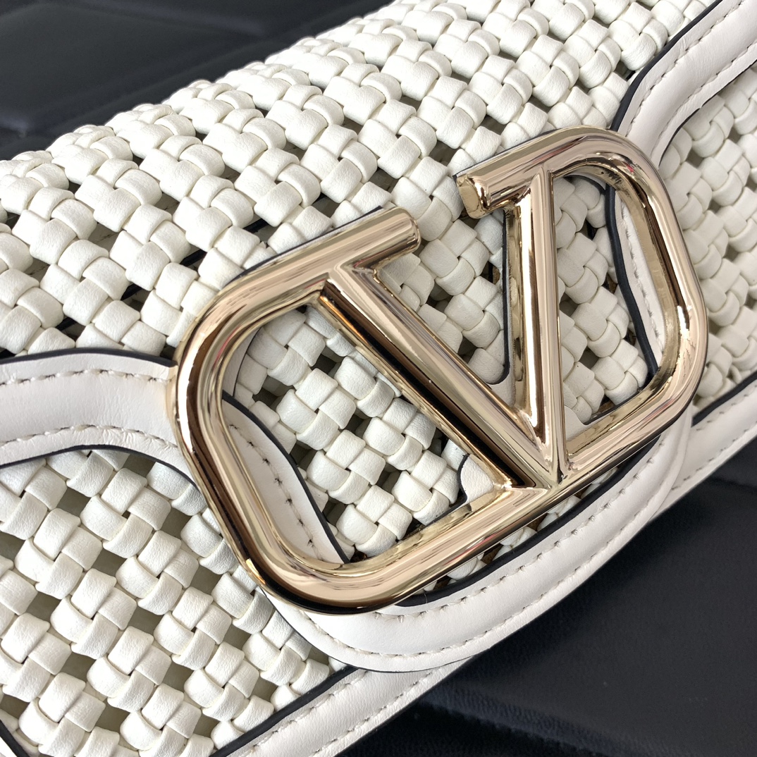 Valentino Garavani Loco Small Shoulder Bag in Ivory Metallic Woven Leather 